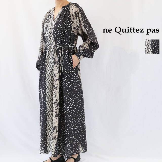 ne Quittez pas ヌキテパ 010462NY1 コットンレーヨンパッチワークワンピース Cotton Rayon Patchwork Dress 花柄 フラワー 水玉 ドット 長袖  |  秋冬 26AW