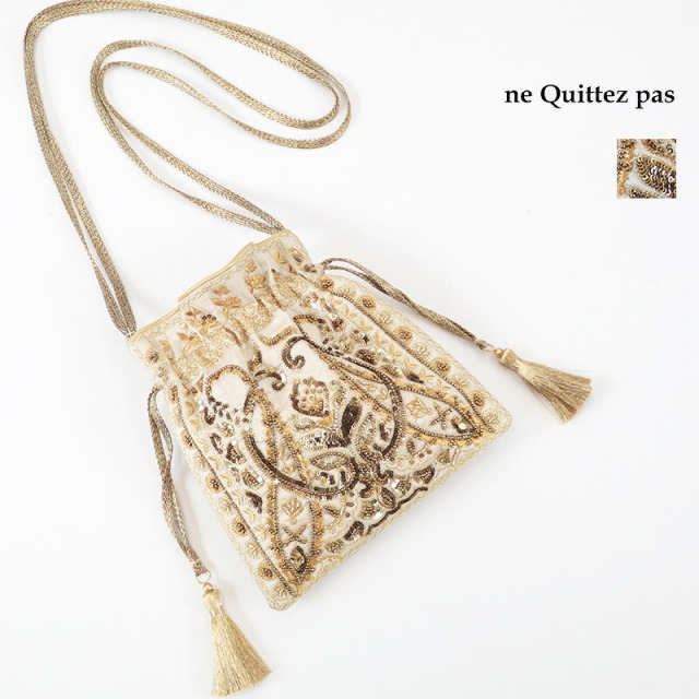 ne Quittez pas ヌキテパ 012062QE1 コードエンブロイダリー ドローストリングショルダーバッグ Gold/ゴールド スパンコール刺繍巾着バッグ ミニバッグ サコッシュ ポシェット メタリック Cord Embroidery Drawstring Shoulder Bag | 26AW バッグ