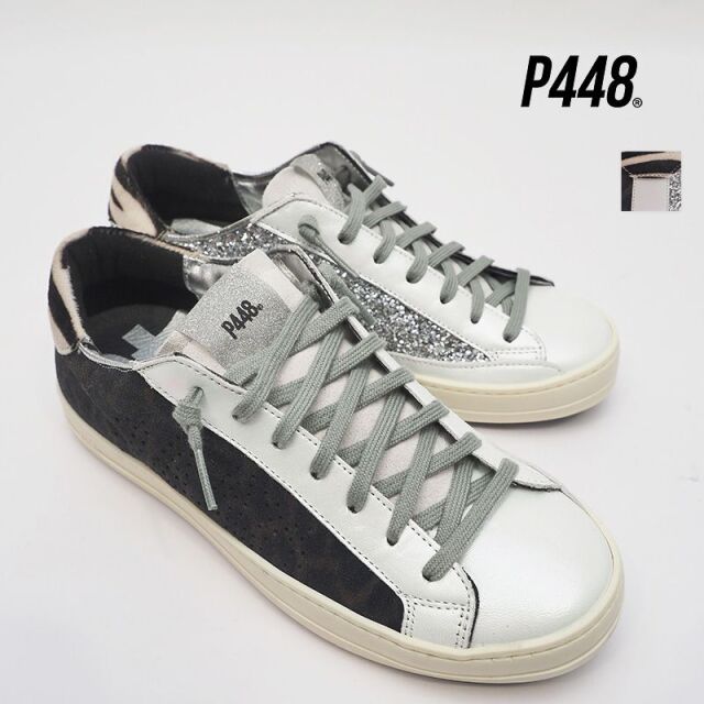 P448 ピーフォーフォーエイト F John Bs W Leo Silglt ヴィンテージ加工ローカットスニーカー カーキレオパード シルバーグリッター ゼブラ ハラコ aw シューズ 秋冬