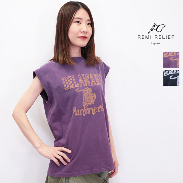 REMI RELIEF レミレリーフ RN28369119 SP加工14/-天竺N/S-Tシャツ DELAWARE デラウェア プリントTシャツ ノースリーブ フレンチスリーブ | 25SS トップス 春夏