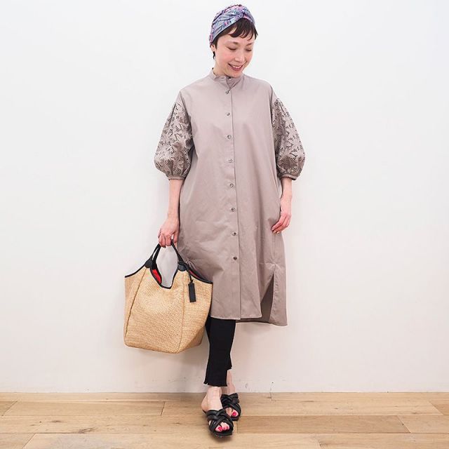 Ticca ティッカ Tbas 152 レーススタンドネックワンピース 花柄 刺繍 ノーカラー シャツワンピース 春夏 21ss