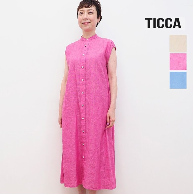 Ticca ティッカ Tbas 406 リネン ノーカラーフレンチスリーブシャツワンピース 春夏 21ss