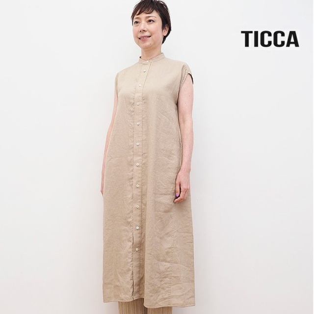 Ticca ティッカ Tbas 406 リネン ノーカラーフレンチスリーブシャツワンピース 春夏 21ss