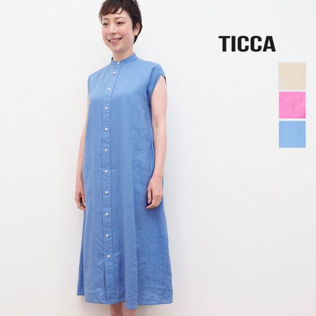 Ticca ティッカ Tbas 406 リネン ノーカラーフレンチスリーブシャツワンピース 春夏 21ss