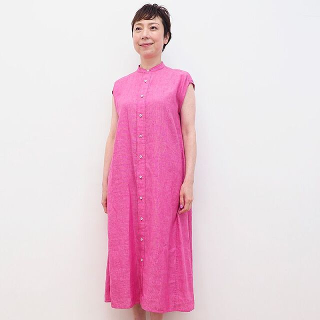 Ticca ティッカ Tbas 406 リネン ノーカラーフレンチスリーブシャツワンピース 春夏 21ss
