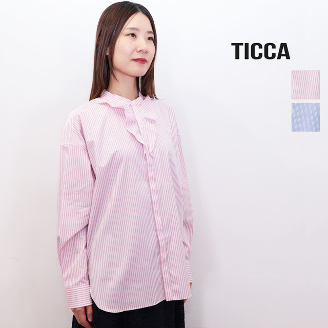 TICCA ティッカ TBDA-102 ノーカラーフリルシャツ ストライプ コットン 