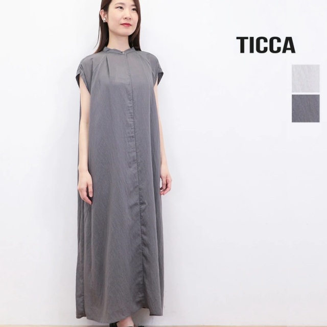 TICCAティッカ　リネンコットンストライプ柄フレンチスリーブロングワンピース TICCAティッカ リネンコットンストライプ柄フレンチスリーブ