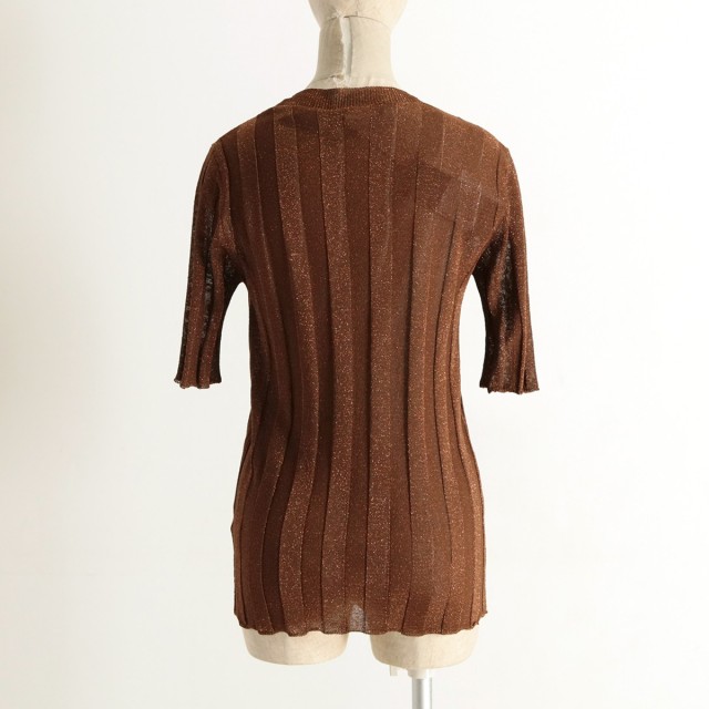【新品 】roberto collina 半袖リブニット S ピンクブルーラメ 40%OFF】ROBERTO COLLINA ロベルトコリーナ 五分袖ラメ混紡