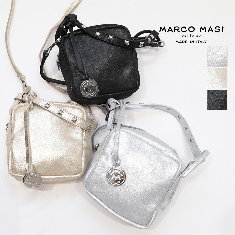【apt別注】MARCO MASI マルコマージ 3745 TRILLI/BORC  メタリックヌバック スタッズ付きスクエアミニポシェット ショルダーバッグ ミニバッグ 光沢 本革 肩掛け | 秋冬 バッグ 25AW
