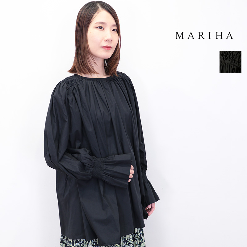 MARIHA マリハ 3214256004 そよ風のブラウス チュニック スモッキング 長袖 バルーンスリーブ コットン 綿 ONYX ブラック | 25AW トップス 秋冬