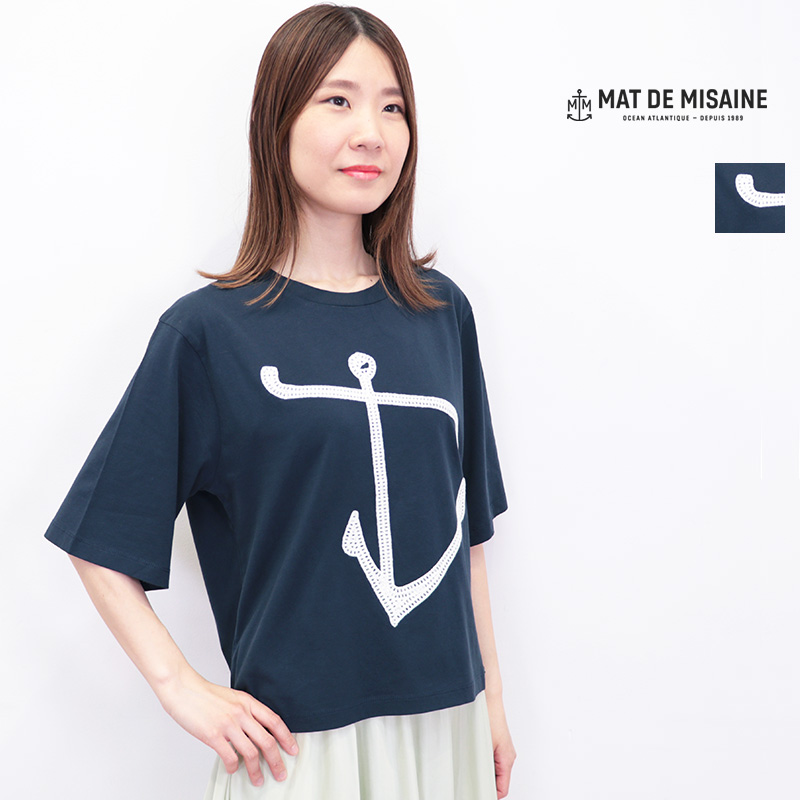 MAT DE MISAINE マドゥミゼーヌ 57915360 ニット刺繍Tシャツ マリン いかり コットン 綿  | トップス 春夏 25SS