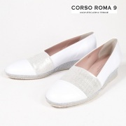 【90%OFF】残り僅か！35～35Hサイズ CORSO ROMA9 コルソローマ9 363-PTR-793 編み込みスリッポン ローヒール パンプス ゴム仕様 ホワイト シルバー | 19SS