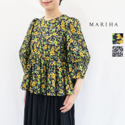 MARIHA マリハ 3214266106 花の蕾のブラウス Shadow Flora Black, Autumn Aura Black フラワー柄 小花柄 チュニック 七分袖 バルーンスリーブ パフスリーブ コットン 綿 | 26AW トップス 秋冬