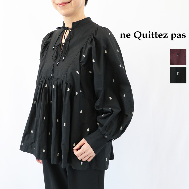 ne Quittez pas ヌキテパ 010162NH1 ファインポプリン ビンディ エンブロイダリー刺繍ブラウス ラベンダー 花柄 フラワー柄 小花柄 長袖 Fine Poplin Bindi Embroidery Gather Blouse | 26AW トップス 秋冬