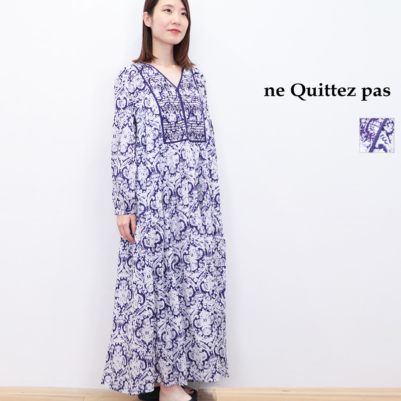 ne Quittez pas ヌキテパ 010451ZY1 ドビーストライプ ダマスクプリント ヨークシャーリングワンピース コットンボイル 長袖 Dobby Stripe Damask Print Yoke Shirring Dress | 25AW 秋冬