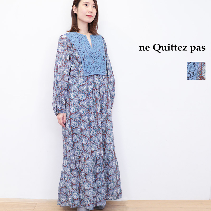 ne Quittez pas ヌキテパ 010452WG5 コットンペーズリー レースヨークワンピース ティアード 長袖 Cotton Organza Paisley Dance Lace Yoke Dress | 25AW 秋冬