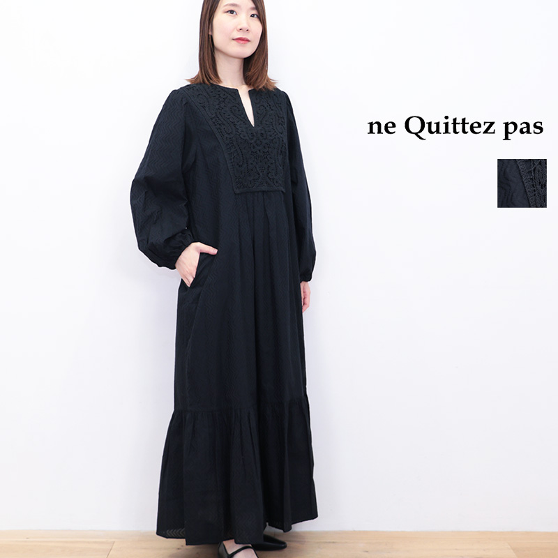 ne Quittez pas ヌキテパ 010452WJ2 コットンジャカード レースヨークワンピース ティアード 長袖 Cotton Jacquard Lace Yoke Dress | 25AW 秋冬