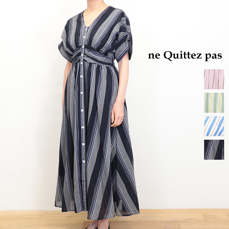 ne Quittez pas ヌキテパ 010461WN1 コットンボイルストライプウエストギャザーワンピース   Cotton Voile Stripe Anemone Foil Print Waist Tuck Dress | 26SS 春夏