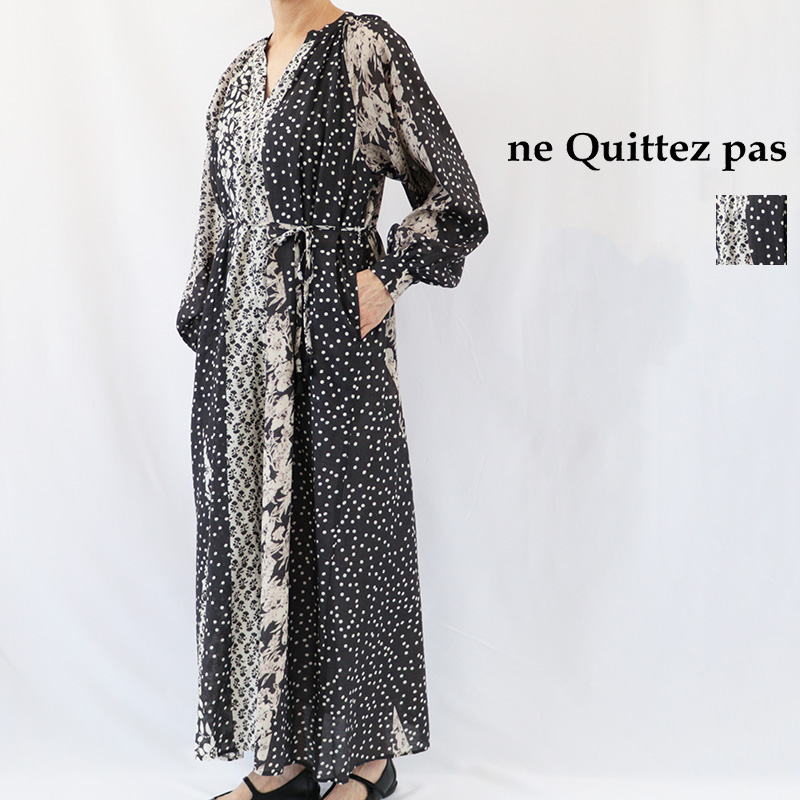 ne Quittez pas ヌキテパ 010462NY1 コットンレーヨンパッチワークワンピース Cotton Rayon Patchwork Dress 花柄 フラワー 水玉 ドット 長袖  |  秋冬 26AW