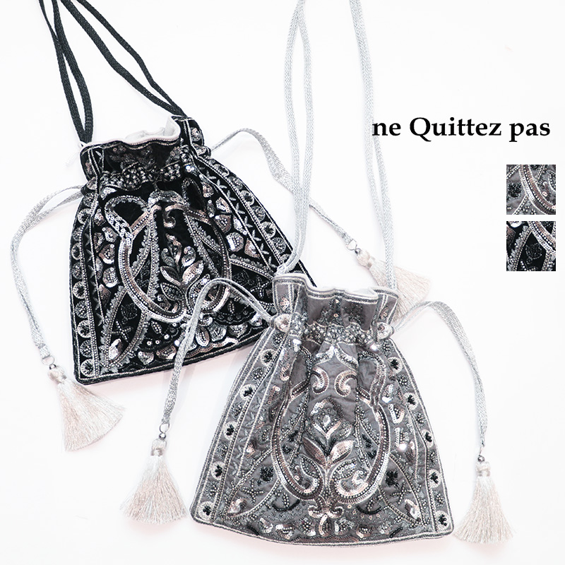 ne Quittez pas ヌキテパ 012052nj7 エンブロイダリー ドローストリングショルダーバッグ ボタニカル スパンコール刺繍巾着バッグ ミニバッグ サコッシュ  ポシェット メタリック Potli bag  Embroidery Drawstring Shoulder Bag | 25AW バッグ 秋冬