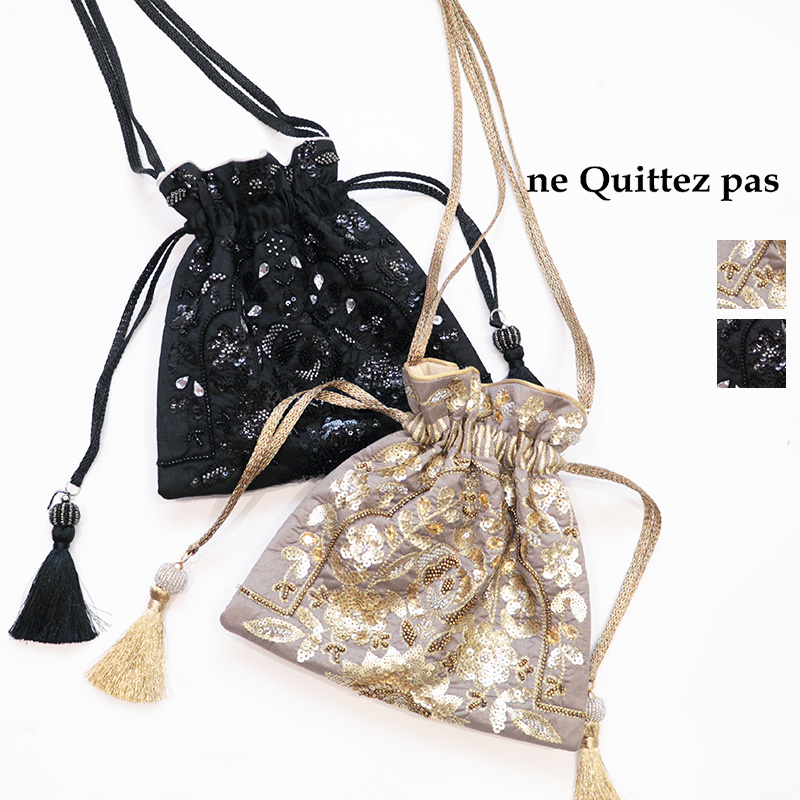 ne Quittez pas ヌキテパ 012052NJ9 エンブロイダリー ドローストリングショルダーバッグ ボタニカルガーデン スパンコール刺繍巾着バッグ ミニバッグ サコッシュ  ポシェット メタリック Potli bag  Embroidery Drawstring Shoulder Bag | 25AW バッグ 秋冬