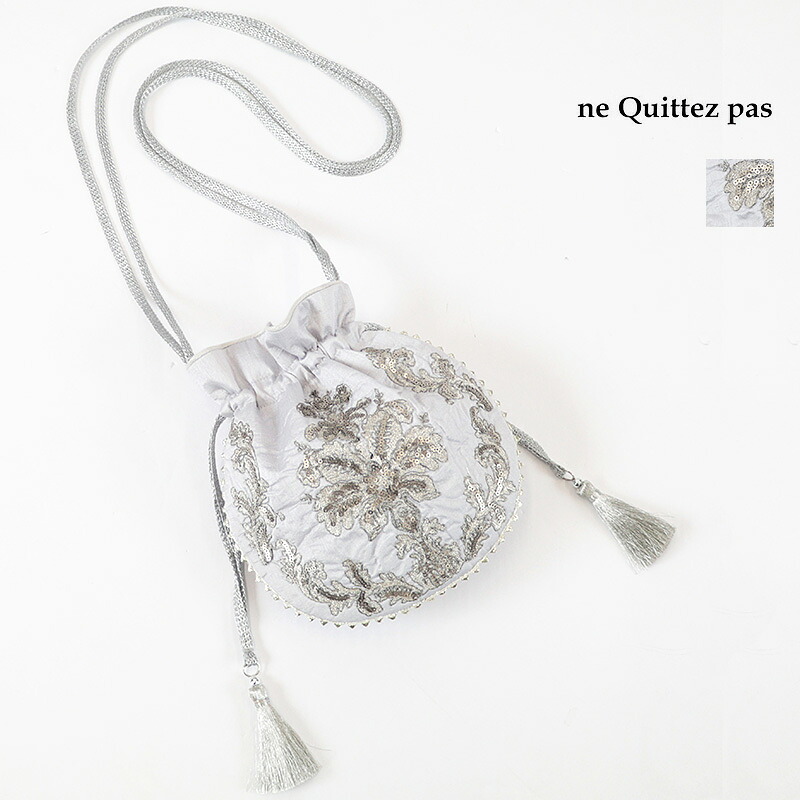 ne Quittez pas ヌキテパ 012061NM1 エンブロイダリー ドローストリングショルダーバッグ LtBLUE/ライトブルー スパンコール刺繍巾着バッグ ミニバッグ サコッシュ ポシェット メタリック Embroidery Drawstring Shoulder Bag | 26AW バッグ