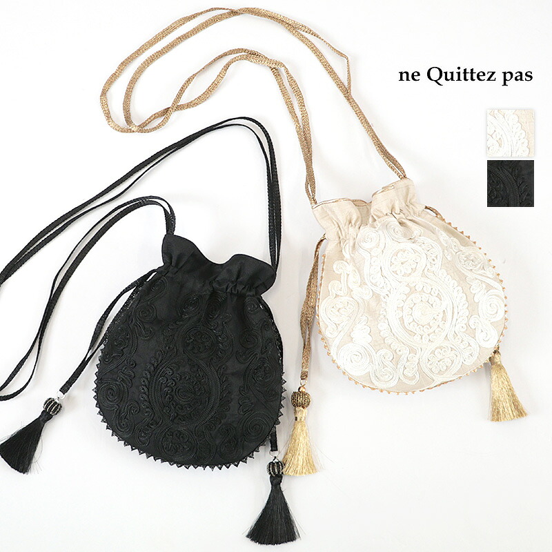 ne Quittez pas ヌキテパ 012061NM2 エンブロイダリー ドローストリングショルダーバッグ Beige/ベージュ,Black/ブラック スパンコール刺繍巾着バッグ ミニバッグ サコッシュ ポシェット メタリック Embroidery Drawstring Shoulder Bag | 26AW バッグ