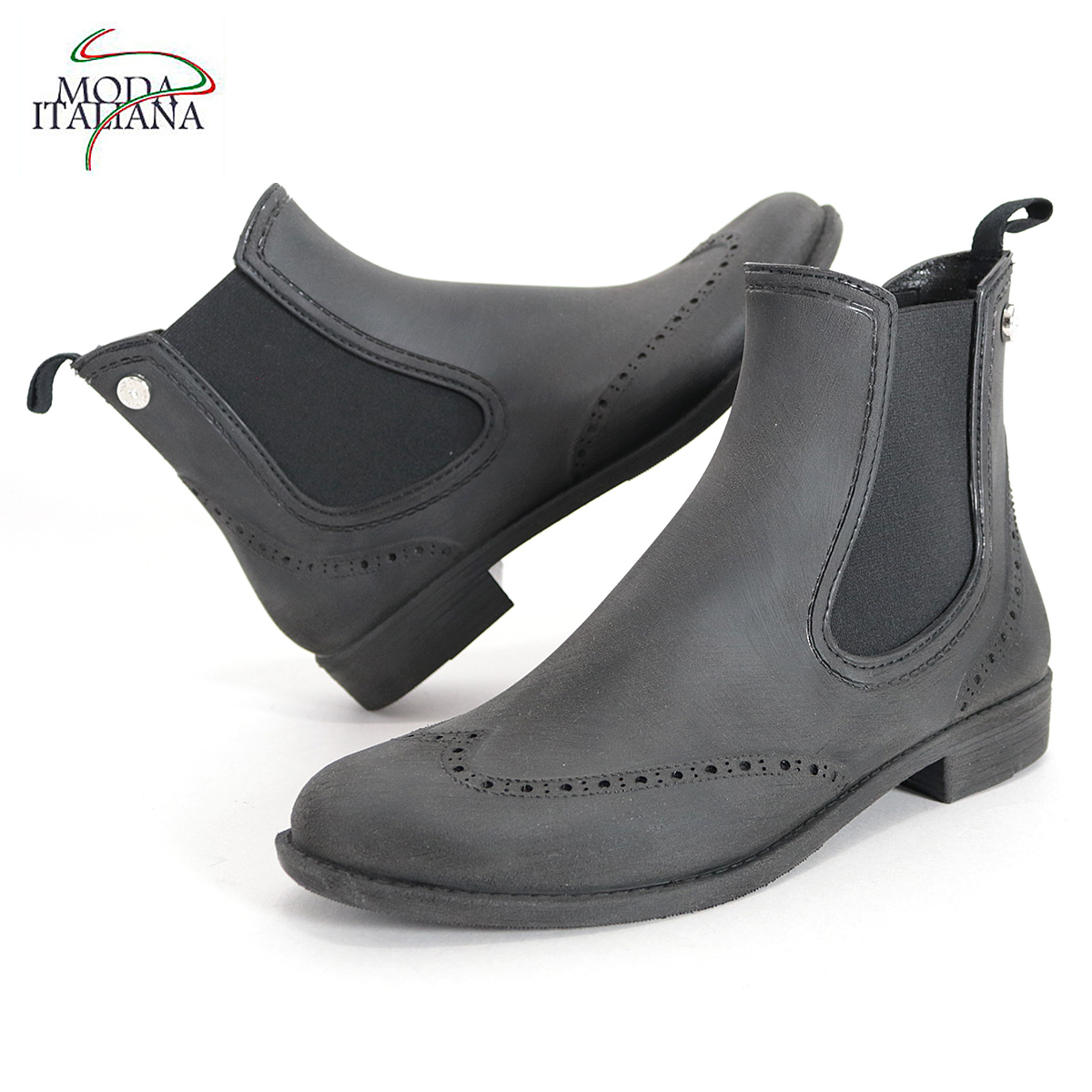 MODA ITALIANA モーダイタリアーナ ウィングチップ サイドゴアレインブーツ OXFORD BLUSH ブラック | 長靴 ゴム靴 ショートブーツ レディース 18SS