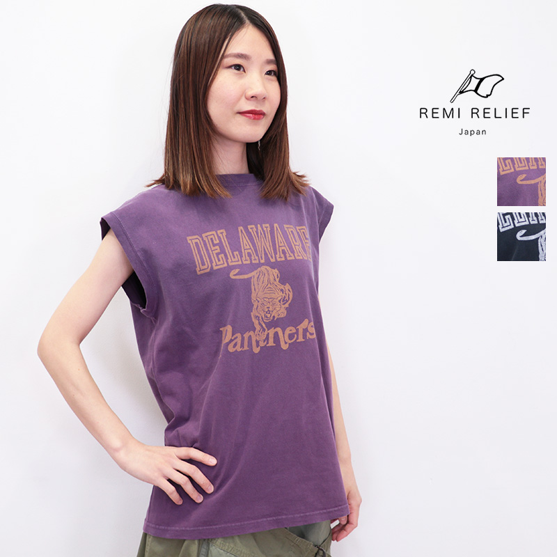 REMI RELIEF レミレリーフ RN28369119 SP加工14/-天竺N/S-Tシャツ DELAWARE デラウェア プリントTシャツ ノースリーブ フレンチスリーブ | 25SS トップス 春夏