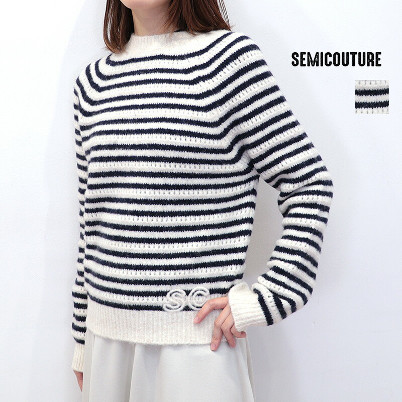 【40％OFF】SEMI COUTURE セミクチュール 59420612 アルパカ混 ボーダーニットプルオーバー モックネック ハイネック | 25AW トップス 秋冬