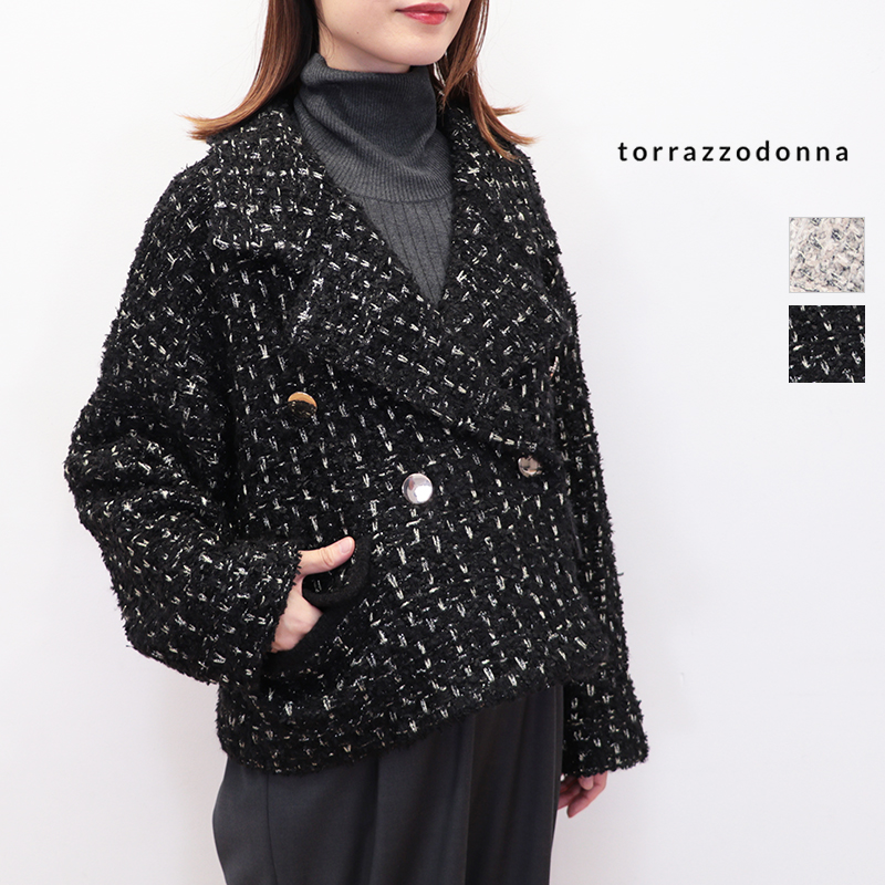 【40％OFF】TORRAZZO DONNA トラッゾドンナ 6260-392 ツイードニットダブルジャケット ショートコート トラッツォドンナ | アウター 秋冬 25AW