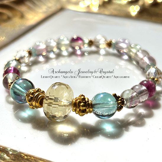 アミュレット「HIKARI」レモンクォーツ*アクアオーラ*フローライト*アクアマリン*クリアクォーツ