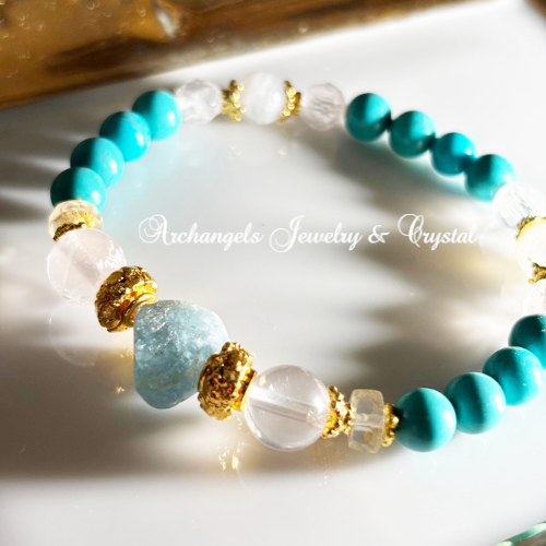 Amuletブレス「Mermaid#1」アクアマリン*ローズクォーツ*オパール*ムーンストーン*ローズクォーツ