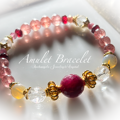 Amuletブレス「POWER#4」ルビー*水晶*グレーオパール*スーパーセブン*ガーネット*ルビー