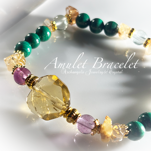 Amuletブレス「Wealth#2」レモンクォーツ*フローライト*ルチル*マラカイト*フローライト