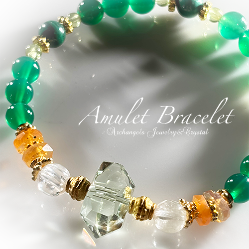 Amuletブレス「Peace#3」グリーンアメジスト*ヒデナイト*ファイヤーオパール*グリーンアゲート*ペリドット*マラカイト