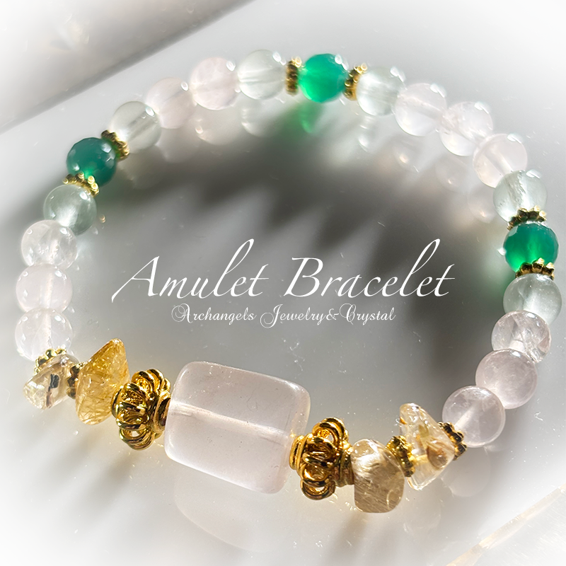 Amuletブレス「Harmony#3」ローズクォーツ*ルチルクォーツ*フローライト*グリーンアゲート
