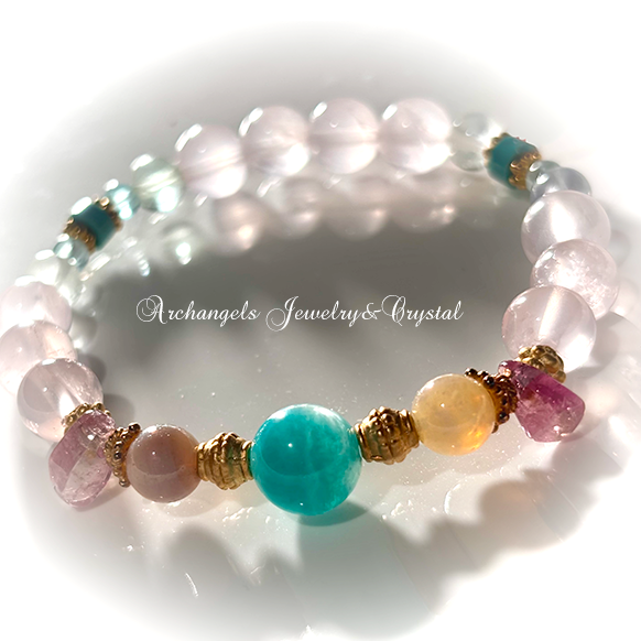 Amuletブレス「Neptune Flow-海王星の流れ-」アマゾナイトシリカ*グレーオパール*ピンクトルマリン*フローライト*ターコイズ*ローズクォーツ