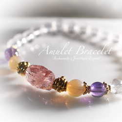 Amuletブレス「Rose#1」ピンクトルマリン*グレーオパール*アメジスト*クリアクォーツ