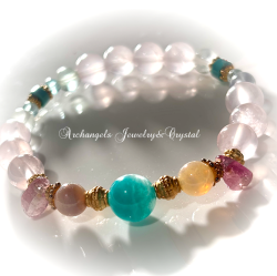 Amuletブレス「Neptune Flow-海王星の流れ-」アマゾナイトシリカ*グレーオパール*ピンクトルマリン*フローライト*ターコイズ*ローズクォーツ