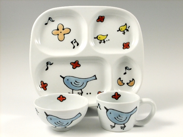【名入れ・文字入れ】森の仲間たち（小鳥）　プレート・ミニちゃわん・マグカップ 3点セット