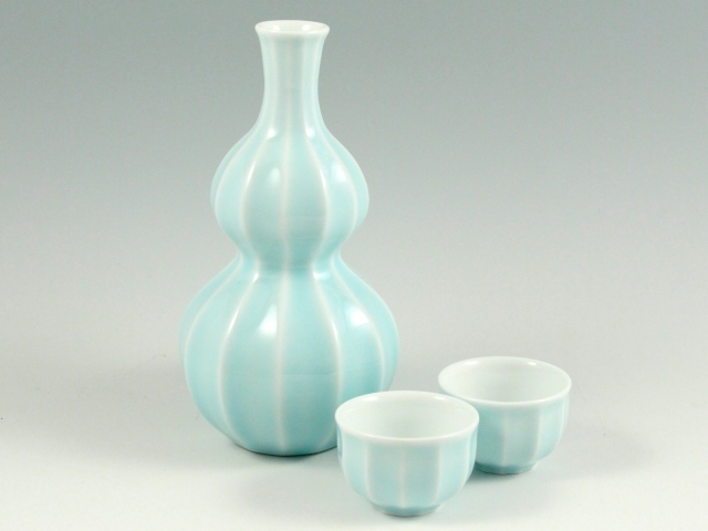青白磁面取　半酒器セット(２合徳利1 グイ呑2)