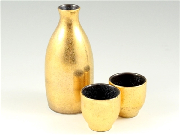 黒柚子金塗　半酒器セット(１合徳利1 グイ呑2)