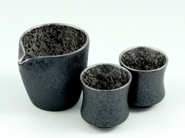 晶掛分内銀塗　半酒器セット(片口注器1 グイ呑2)