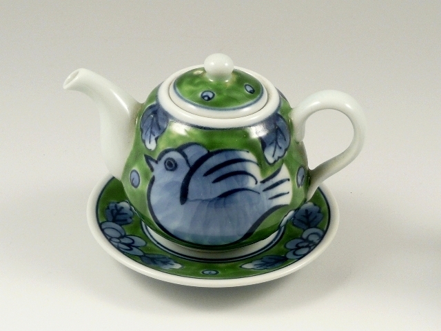 染錦花鳥(緑)　台付汁次