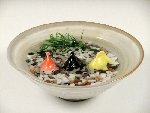 金魚3・粉引鉢(大)セット(小石付)