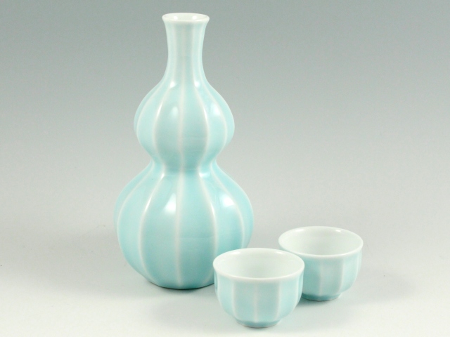 青白磁面取　半酒器セット(２合徳利1 グイ呑2)