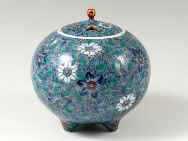 【村上玄輝 作品】灰濃鉄仙花鳥図　丸型香炉（大）