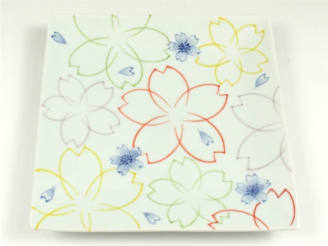 染付色絵桜　６寸正角皿