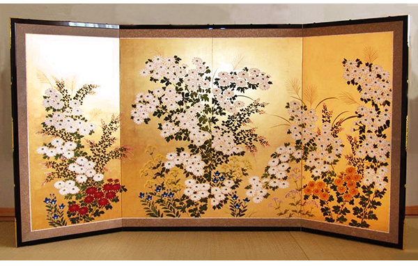 金屏風 四季草花 富永寿峰作｜肉筆手書き屏風